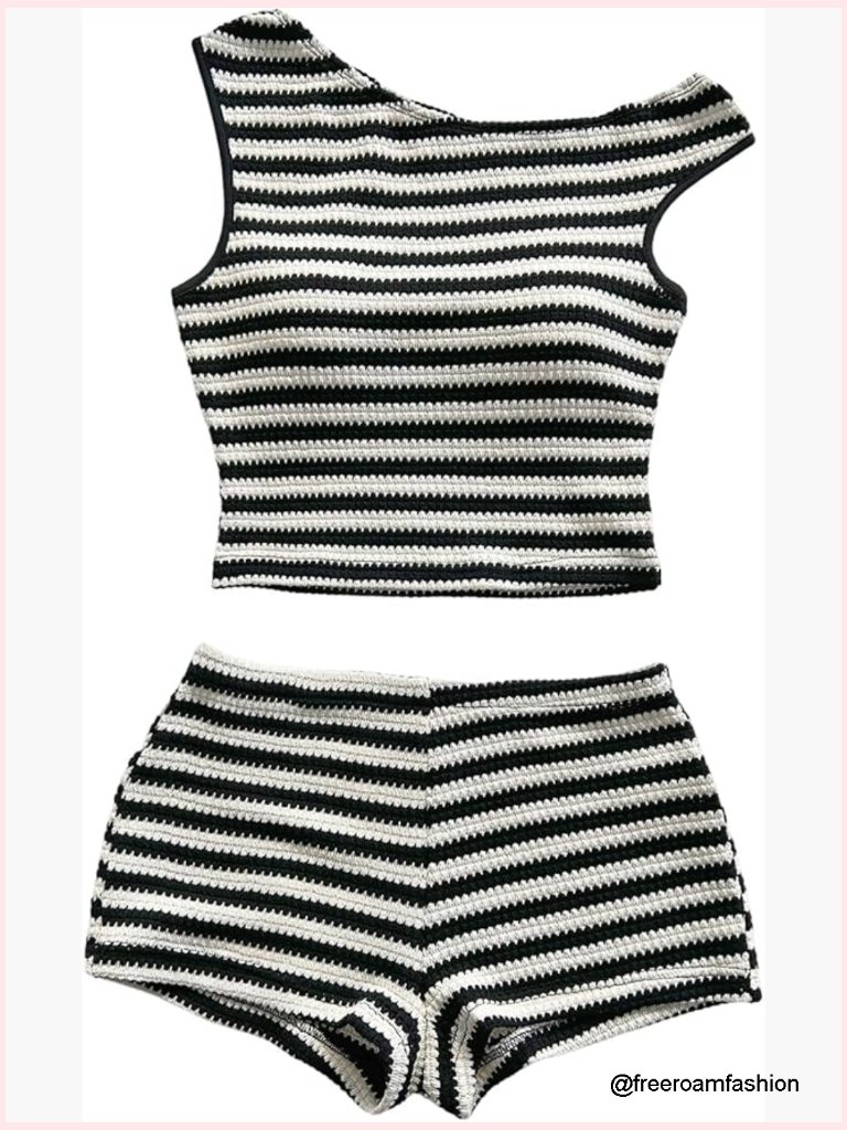 Two Piece Striped Set Off Shoulder Top & Shorts Summer Vacation Outfit